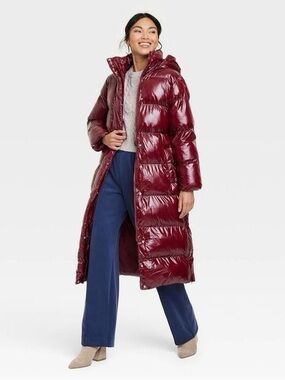 A new day Maroon Long Quilted Puffer Coat